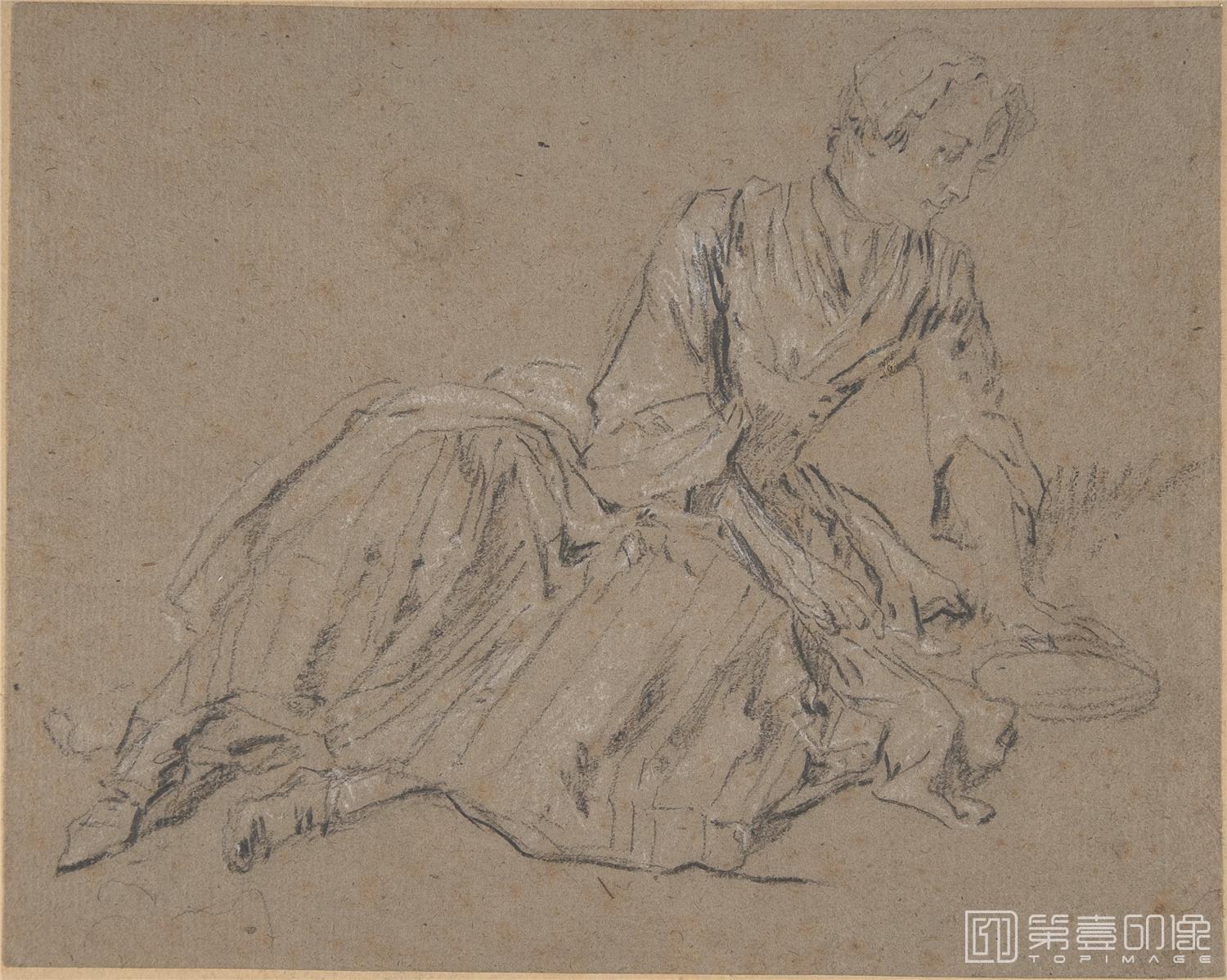 素描-美国纽约大都会美术馆素描藏画-Nicolas LancretWoman Seated on the Ground-1328